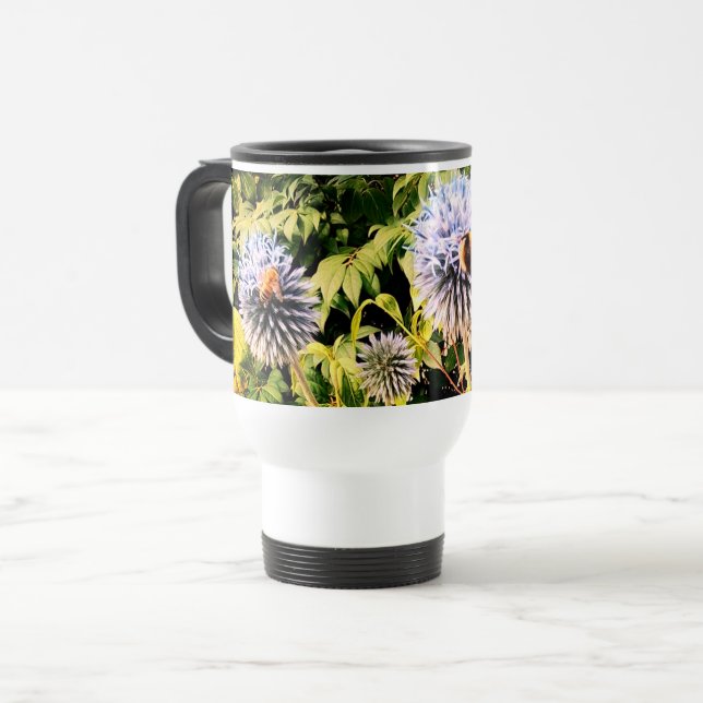 Mug De Voyage Déchets et abeilles, sur fleurs bleues (Devant gauche)