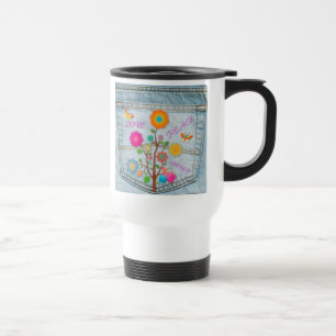 Mug De Voyage Denim Back Fleurs de poche Paix Aimer Espoir