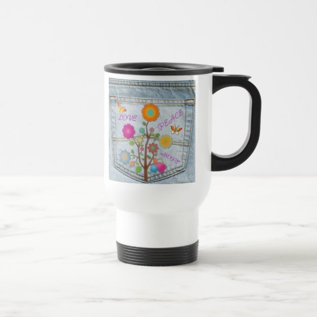 Mug De Voyage Denim Back Fleurs de poche Paix Aimer Espoir (Droite)