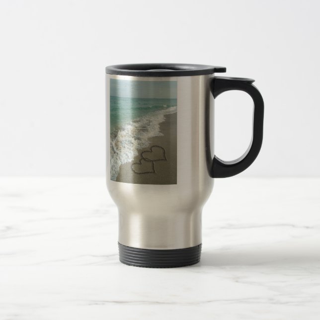 Mug De Voyage Deux Coeurs de sable sur la plage, Océan romantiqu (Droit)