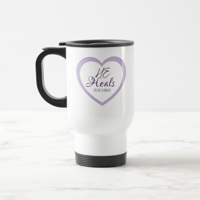 Mug De Voyage Dieu guérit les cœurs brisés Violet clair et blanc (Gauche)