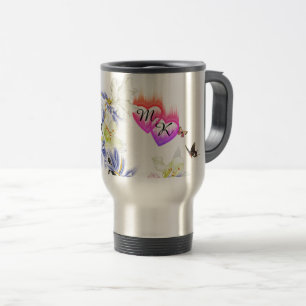 Mug De Voyage Double Coeurs flamboyants Monogrammes avec Fleurs