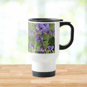 Mug De Voyage Dragonfly on Purple Flowers with Name
