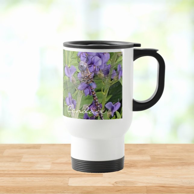 Mug De Voyage Dragonfly on Purple Flowers with Name (In Situ)