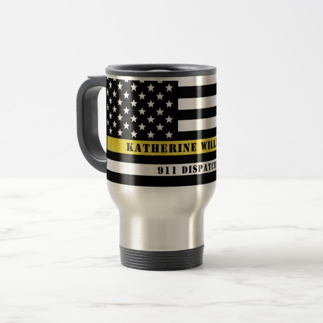 Mug De Voyage Drapeau 911 personnalisé Dispatcher USA Ligne jaun (Devant gauche)