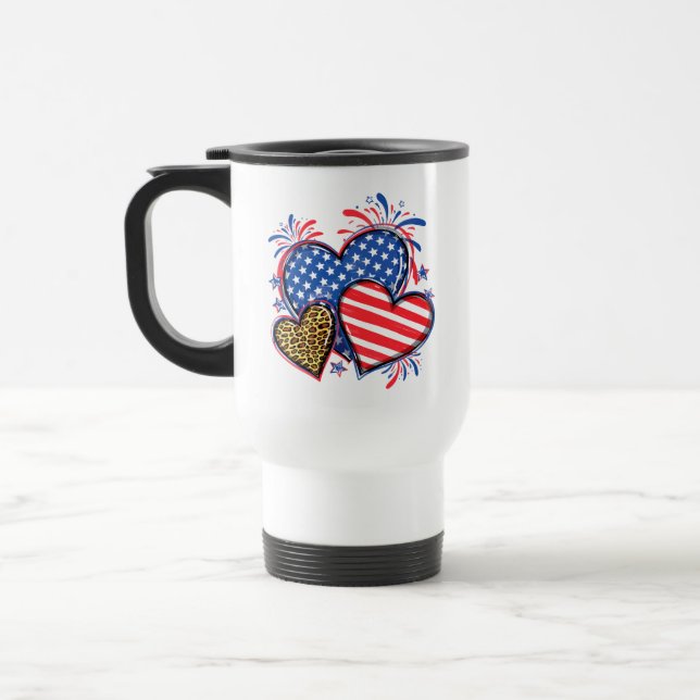 Mug De Voyage Drapeau Américain Cœur Léopard Sublimation-64210 (Gauche)