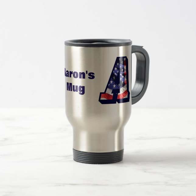 Mug De Voyage Drapeau américain dans la lettre "A" et nom Travel (Devant droit)