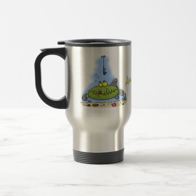 Mug De Voyage Drôle gras affamé poisson vert dessin de pêche (Gauche)