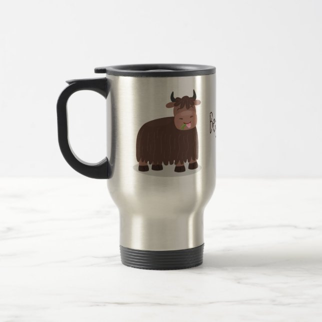 Mug De Voyage Drôle joyeux yak mangeant de l'herbe dessin d'illu (Gauche)