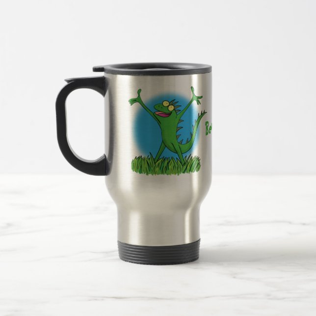 Mug De Voyage Drôle vert souriant animé lézard d'iguane (Gauche)