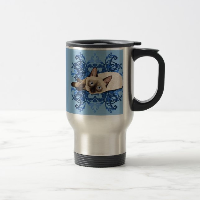Mug De Voyage Elégant bleu floral chat siamois jolie féline (Droit)