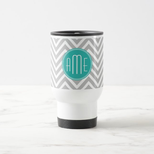 Mug De Voyage Élégant Chevron Gris Moderne et Monogramme Menthe (Centre)