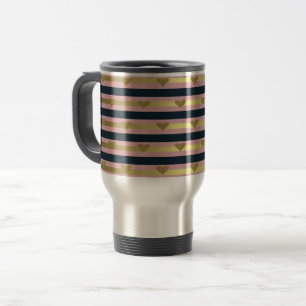 Mug De Voyage Élégant Chic  Cœurs Pailletés Faux Or Sur Rayures
