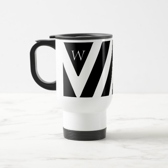 Mug De Voyage Elégant Noir et Blanc rayé Design initial (Gauche)