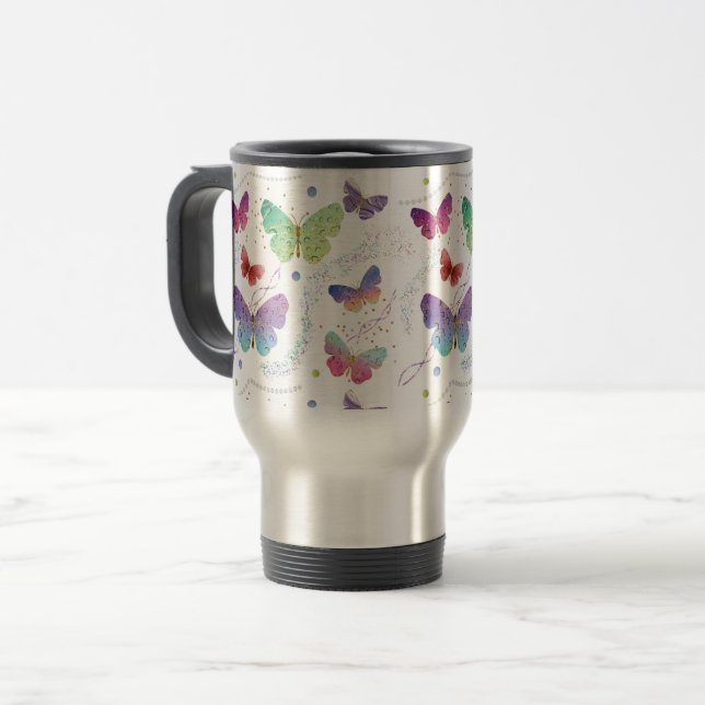 Mug De Voyage Élégant Papillons violets et bleus brillants (Devant gauche)