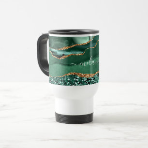 Mug De Voyage Emerald Green Gold Marble Nom personnalisé Travel