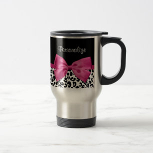 Mug De Voyage Empreinte de léopard en ruban rose foncé avec nom