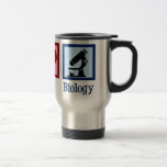 Mug De Voyage Enseignant en biologie de l'amour pour la paix<br><div class="desc">De mignons cadeaux d'enseignant en biologie pour un professeur de bio. Peace Love Biology présente un signe de paix,  un coeur et un microscope pour la classe scientifique.</div>