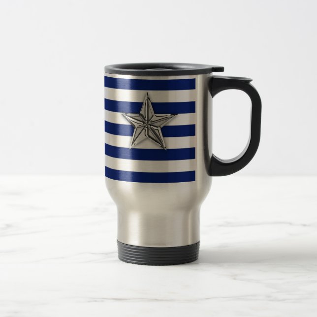 Mug De Voyage Étoile d'argent marine sur les bandes bleues (Droit)