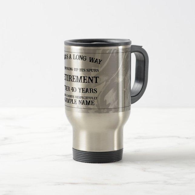 Mug De Voyage Faire-part de retraite avec vieilles éperons (Devant droit)