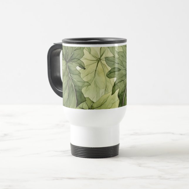 Mug De Voyage Feuilles botaniques vertes aquarelle  (Devant gauche)