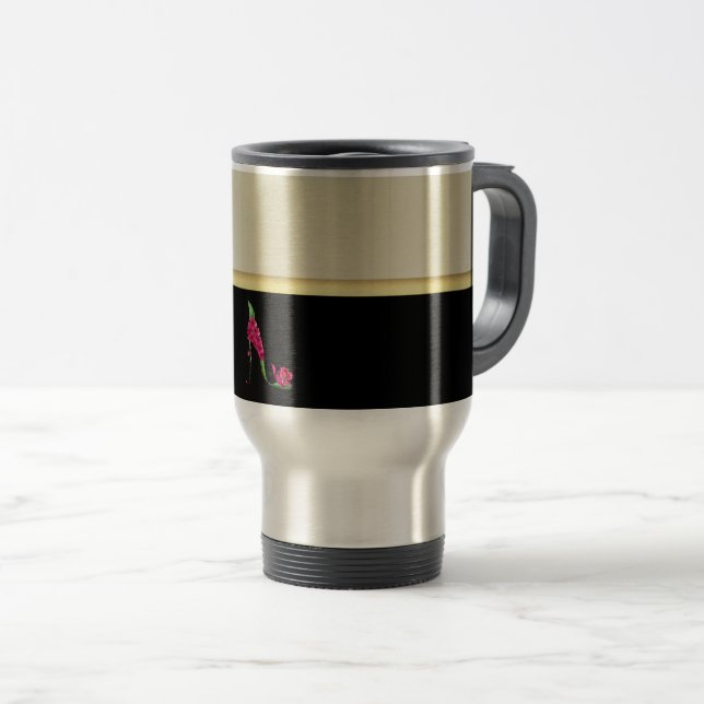Mug De Voyage Fille moderne élégante, Noir, Crème, Talon Fleur (Devant droit)