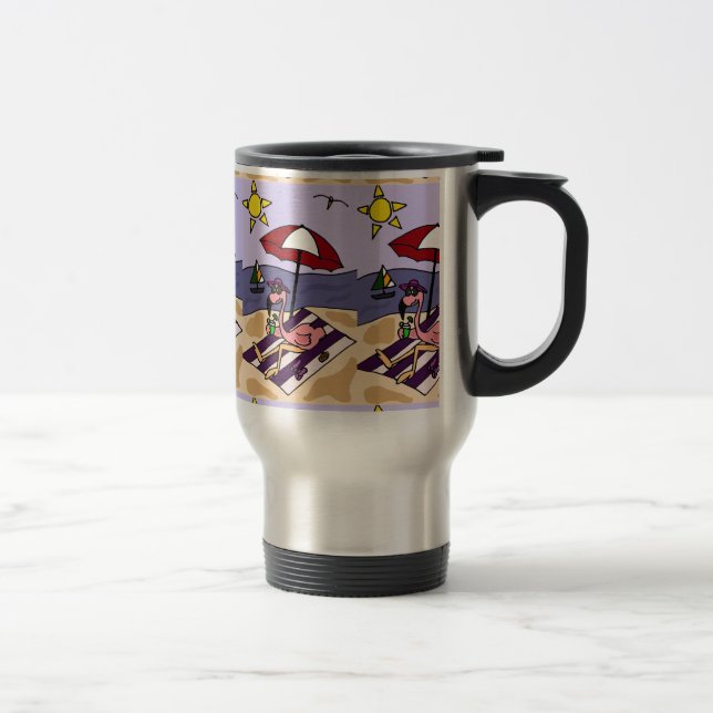 Mug De Voyage Flamant rose rose drôle à la plage (Droit)