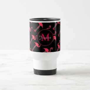 Mug De Voyage Flamants roses roses sur Noir Personnalisé
