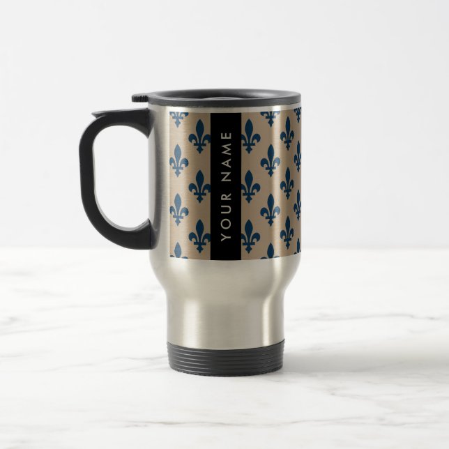 Mug De Voyage Fleur de Lis, Navy Blue on Beige, Royal, Your Name (Gauche)