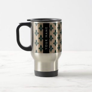 Mug De Voyage Fleur de Lis, Vert sur Beige, Royal, Votre Nom