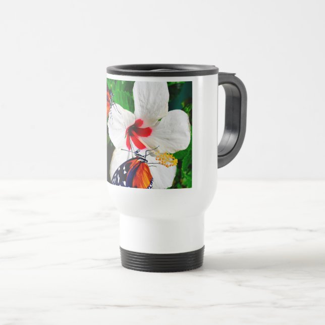Mug De Voyage Fleur d'Hibiscus avec 2 papillons Tiger Longwing (Devant droit)