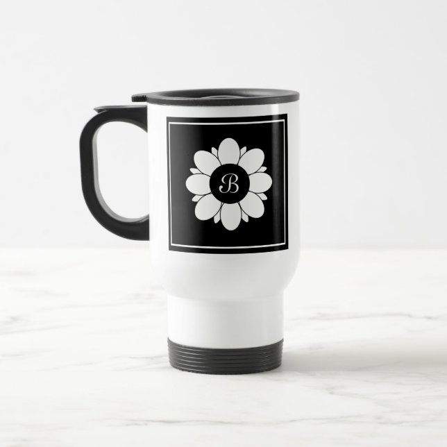 Mug De Voyage Fleur noire et blanche simple Design initial (Gauche)