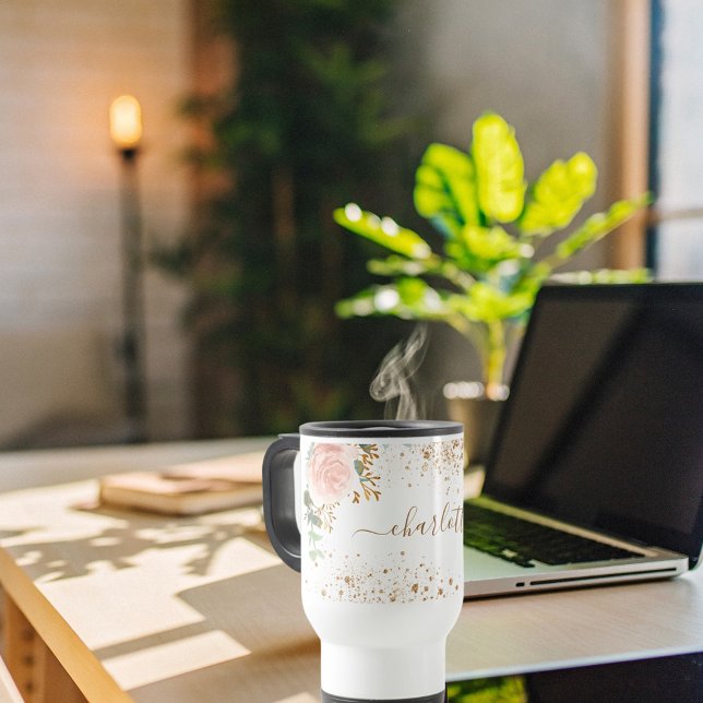 Mug De Voyage fleurons d'or rose eucalyptus or nom parties scint (Créateur téléchargé)