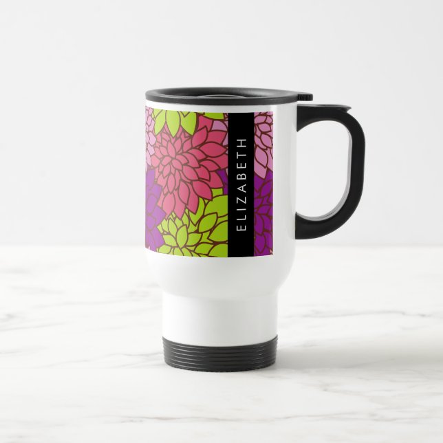 Mug De Voyage Fleurs Dahlia, Fleurs Colorées, Votre Nom (Droite)