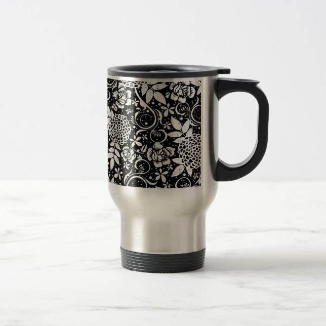 Mug De Voyage Fleurs florales noires et blanches Voyage Commuter (Droit)