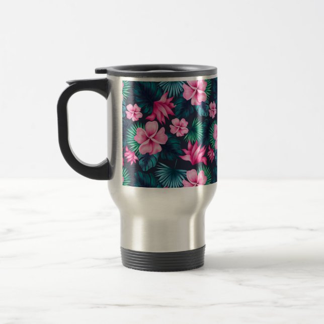 Mug De Voyage Fleurs roses avec Feuilles verts Partern-79066 (Gauche)