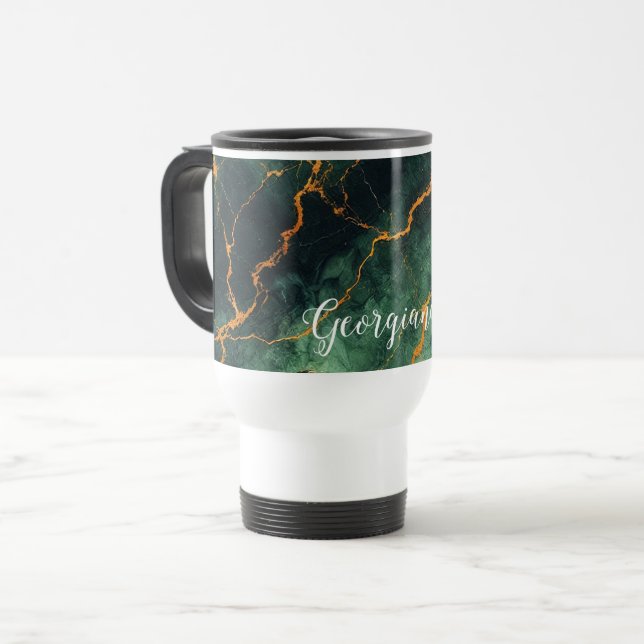 Mug De Voyage Forêt automnale personnalisée Marbre vert et or (Devant gauche)
