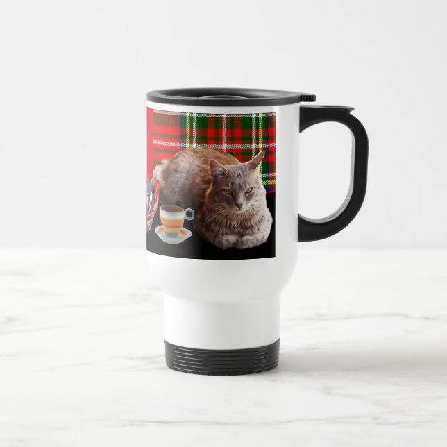 MUG DE VOYAGE "GARDEZ LE CALME ET LA CUISINE SUR", TARTAN ROUGE, (Droite)