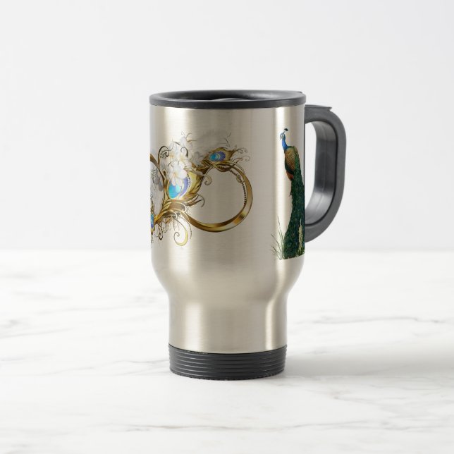 Mug De Voyage Golden Royal Peacocks & Feathers Mariages Cercles (Devant droit)