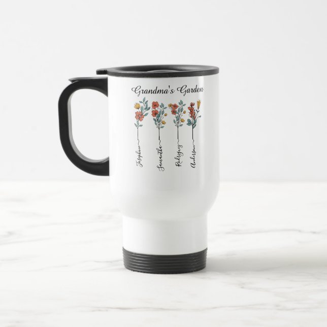 Mug De Voyage Grandma's Garden Custom 4 Noms Floral pour Maman (Gauche)