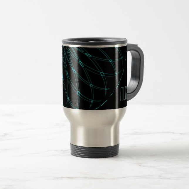 Mug De Voyage Graphique géométrique bleu abstrait Monogramme noi (Devant droit)
