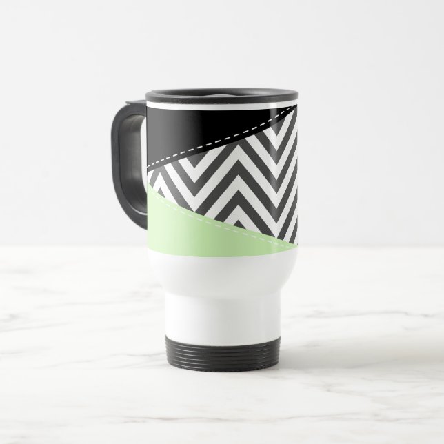 Mug De Voyage Gray Zigzag, Gray Chevron, Zigzag Pattern, Mint (Devant gauche)
