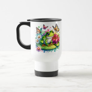 Mug De Voyage Grenouille personnalisée avec fleurs sur Lilypad