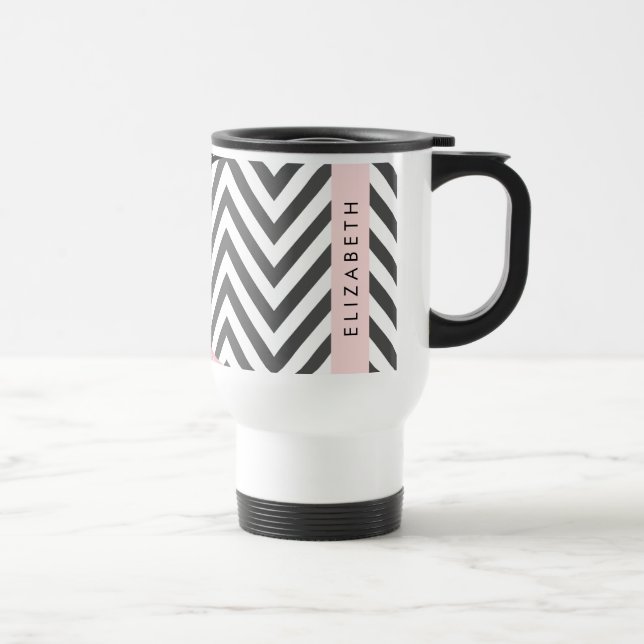 Mug De Voyage Grey Zigzag, Grey Chevron, Rose, Votre Nom (Droite)