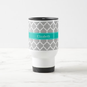 Mug De Voyage Gris Blanc Marocain #5 Nom Turquoise Monogramme