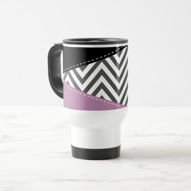Mug De Voyage Gris Zigzag, Gris Chevron, Motif Zigzag, Violet (Devant gauche)