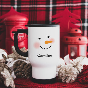 Mug De Voyage Happy Snowman visage Personnalisé Nom Fête