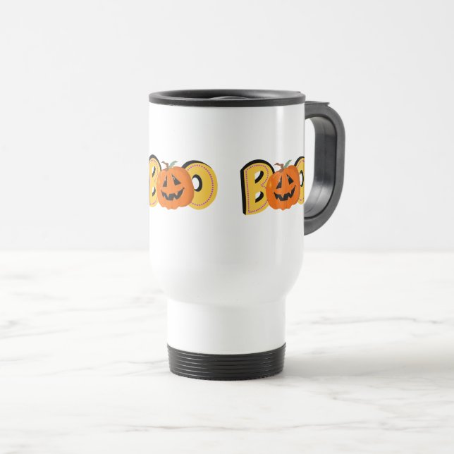 Mug De Voyage Hey Boo Cute Citrouille Typographie Dessin Art (Devant droit)
