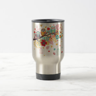 Mug De Voyage Hiboux mignons et arrière - plan floral coloré