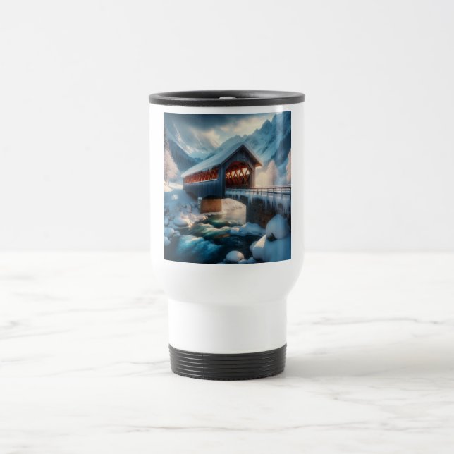 Mug De Voyage Hiver, pont enneigé et rivière (Centre)